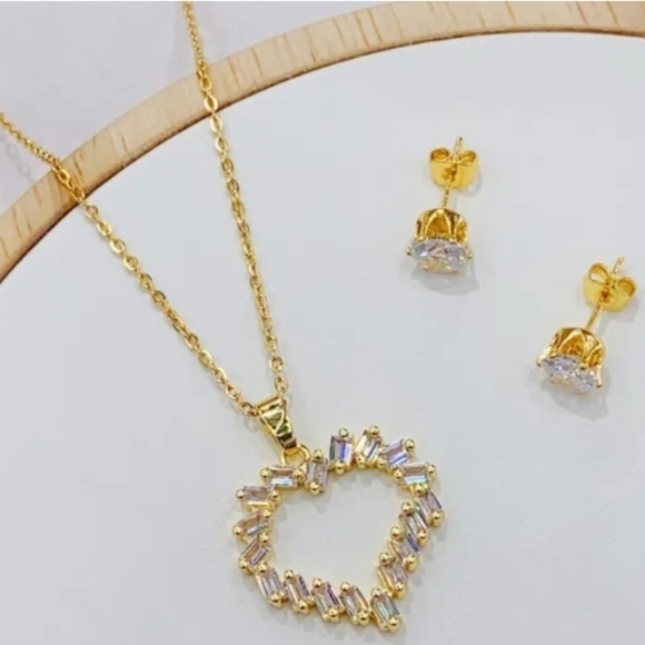 Fashion Jewelry Jewelry - Zircon Baguettes Heart Necklace & Earrings Set Gold Plated